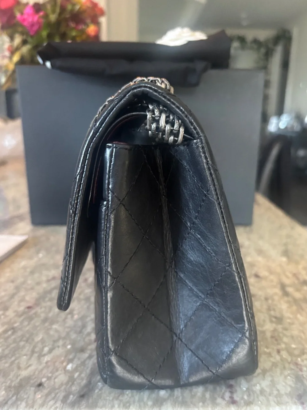 CHANEL 2.55 Reissue 226 Black Aged Calfskin Ruthenium Hardware Double Flap AUTH